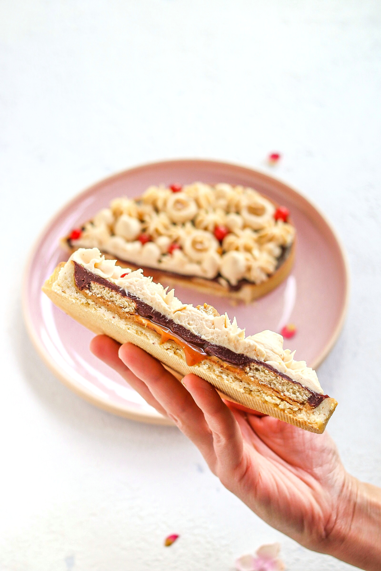 Tarte praliné, caramello e cioccolato